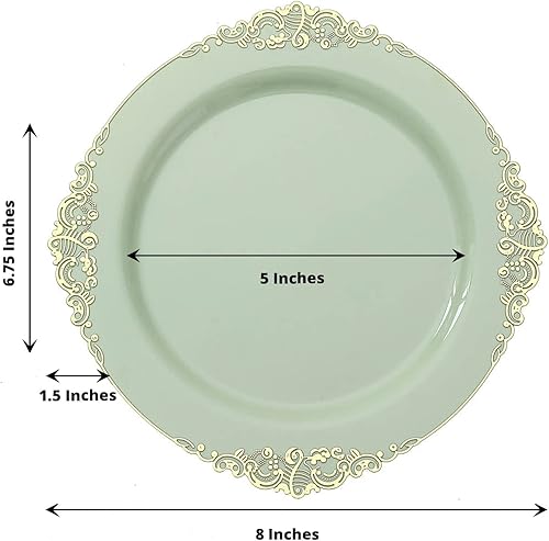 Miniatura 3 de Tableclothsfactory Paquete de 10 platos redondos de plástico barroco verde salviadorado de 8 pulgadas para ensalada de postre, vajilla desechable