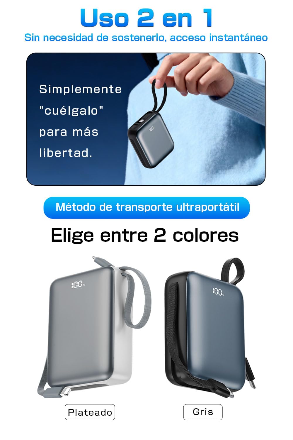 Batería Externa 12000mAh con Cables Integrados， Sin Necesidad de Cable， Carga Rápida PD 22.5W， 3 Dispositivos a la Vez， Compacta con Pantalla Digital（Gris）