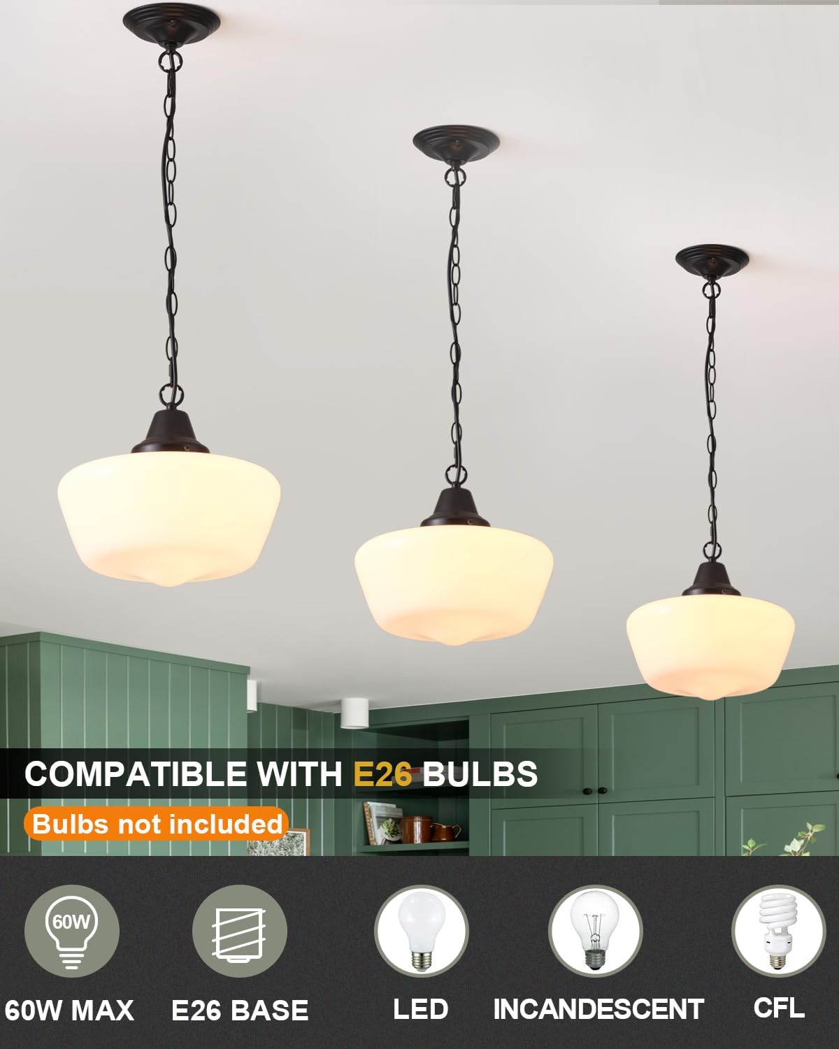 Schoolhouse Pendant Fixture, 12 Inch Black Finish with Milk Glass Adjustable Mid Century Ceiling Pendant Lighting, Pendant Light Fixtures for Kitchen Hallway Entrywa Dining Room