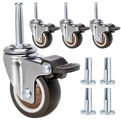 JGJC 2" Non-Marking Rubber Caster Wheels 4-Pack | 5/16"×1-1/2" (8×38mm) Grip Neck with Sleeve Plugs | Furniture Casters Set of 4 Heavy Duty with Brake | Smooth & Quiet Rolling, Safe for Hardwood Floor