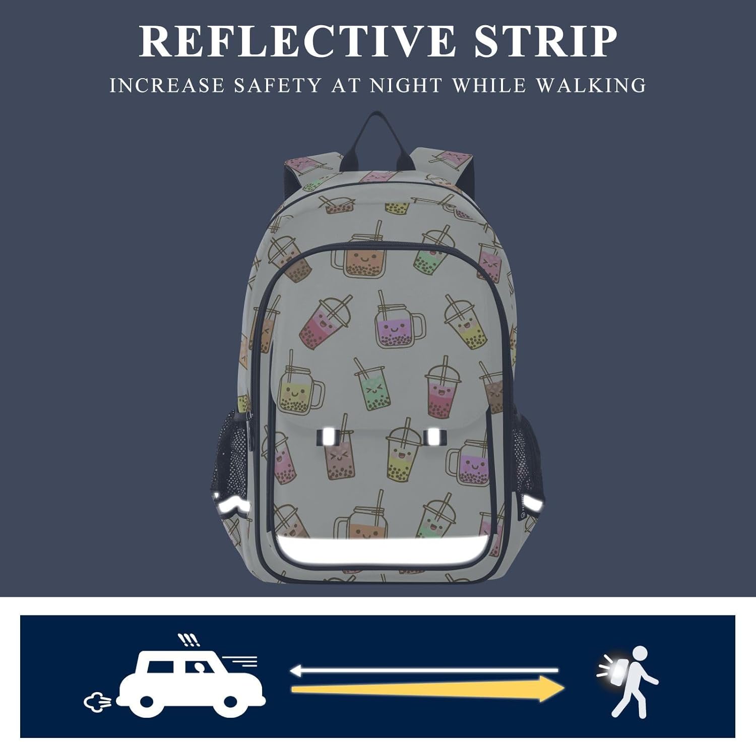 Bubble Milk Tea Funny Backpack Girls Boys Elementary School Bags Bookbags Laptop Backpack Travel Daypack Safe Reflective Stripes