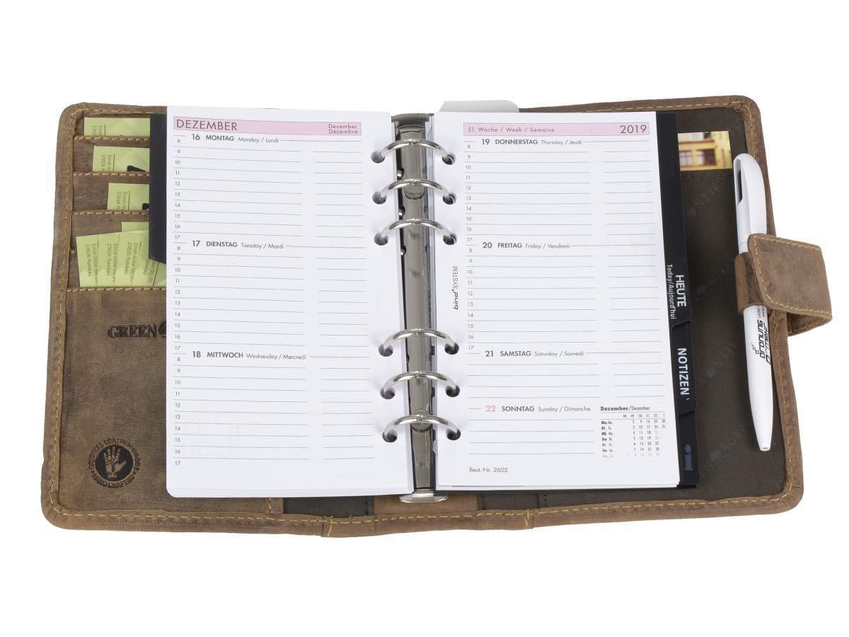 Greenburry Terminplaner Leder A6 (14x19,5cm) Terminkalender braun Vintage Look inkl Systemeinlage plus Kalender 2024