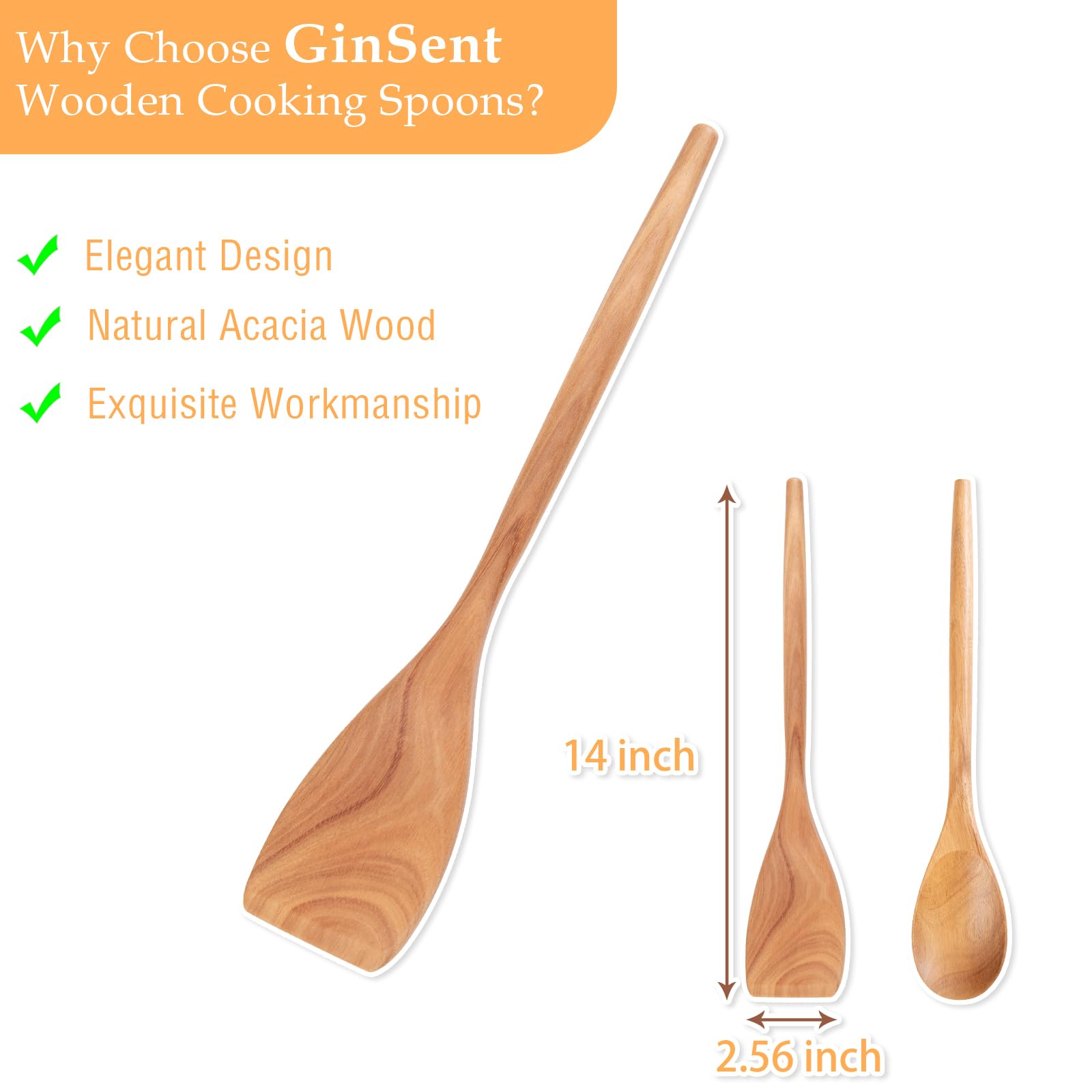 GinSent Cucharas de madera para cocinar, cucharas de madera de agarre cómodo de 14 pulgadas, utensilios de cocina de madera para agitar, raspar, voltear y servir, utensilios de cocina antiadherentes