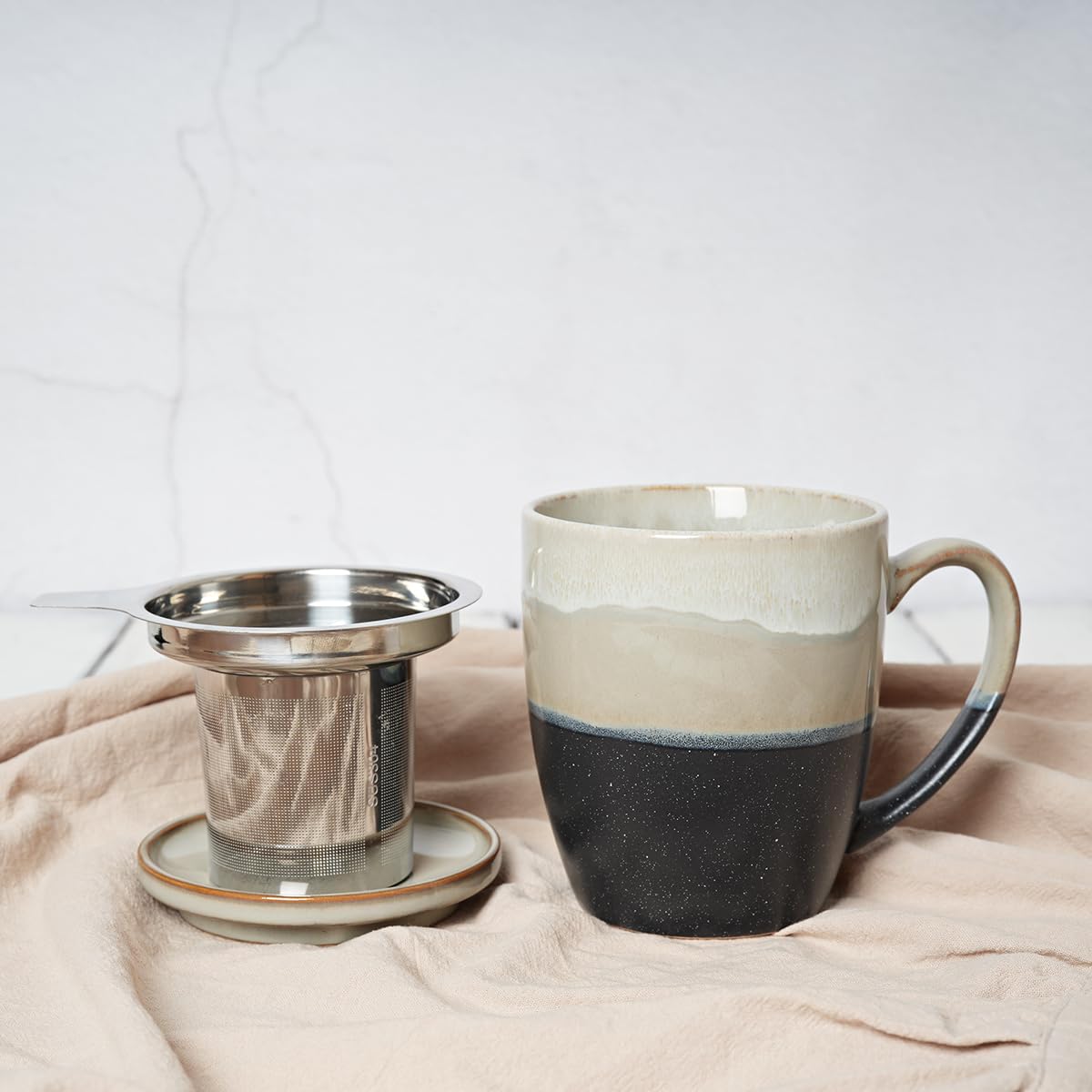 Bosmarlin Tasse à thé en céramique avec infuseur et couvercle, 473,6 g, 4 couleurs au choix, passe au lave-vaisselle et au micro-ondes, tasse à thé avec passoire, glaçage réactif, (gris)