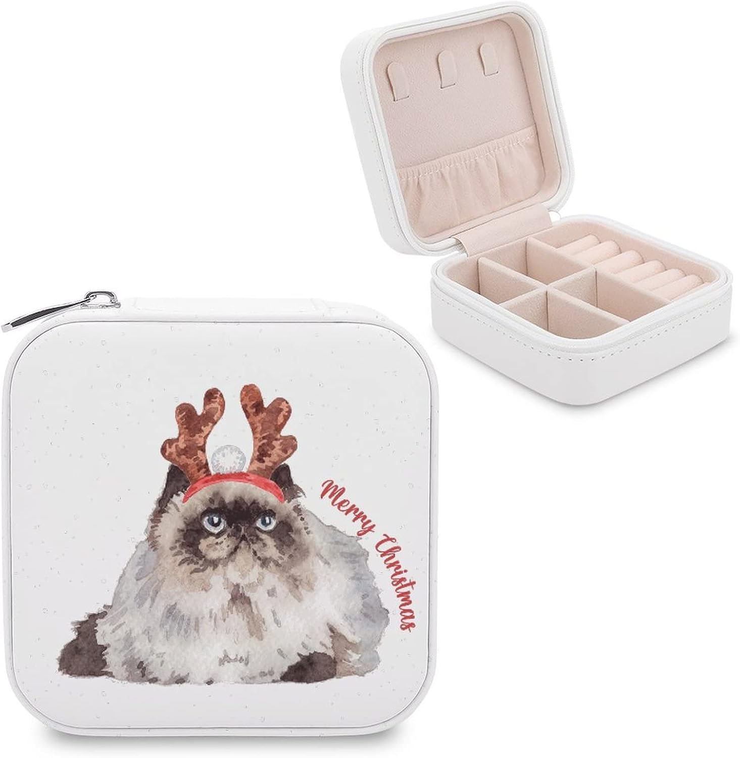 Christmas Cat with Antlers Jewelry Box Funny Pet Dog PU Small Portable Travel Case Holiday Organizer Display Storage Holder Box for Rings, Earrings, Necklaces, Bracelets Cat Owner Gift