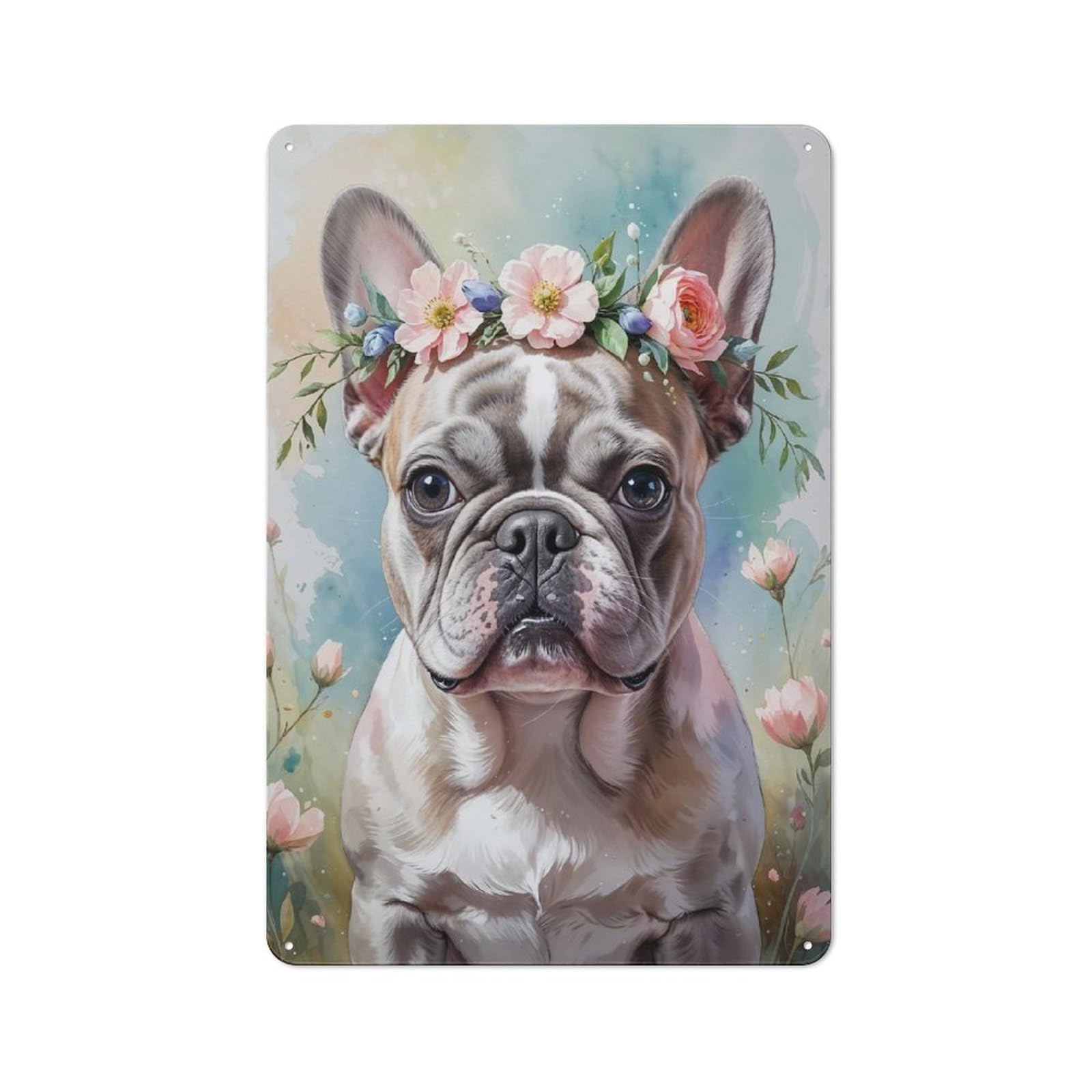 Junmoney French Bulldog With Flower Crown Watercolor Metal Tin Sign, Clear Colour Print, For Garage, Shed, Workshop Or Hobby Room, 30X20cm