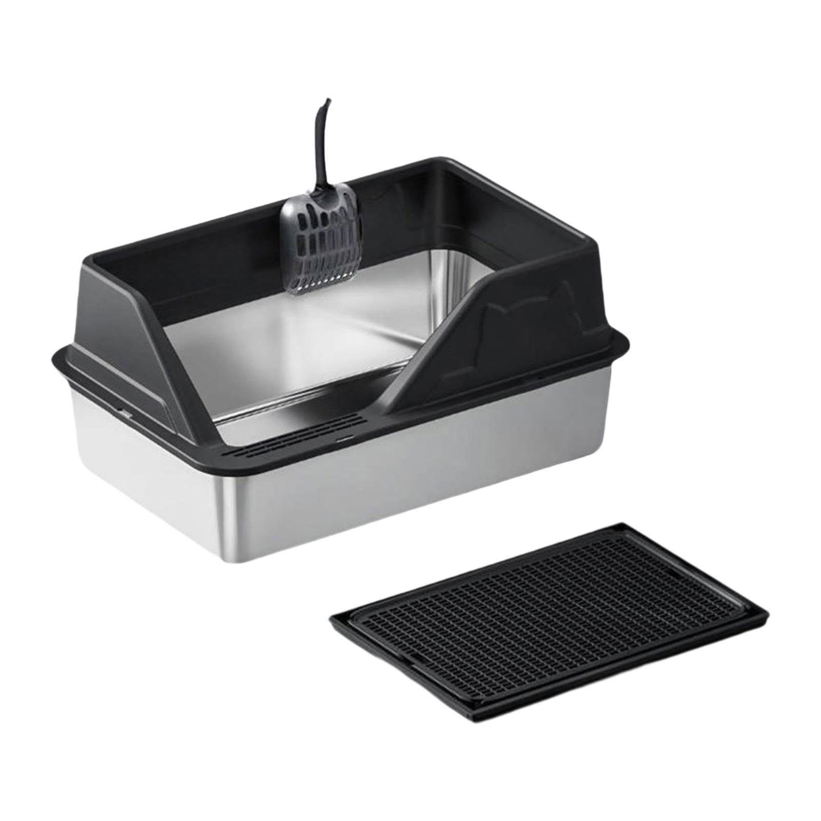 Bandeja de Arena para Gatos con Bordes Altos, Incluye Pala, Arenero Portátil para Gatos, Caja de Arena para Gatitos, Negro