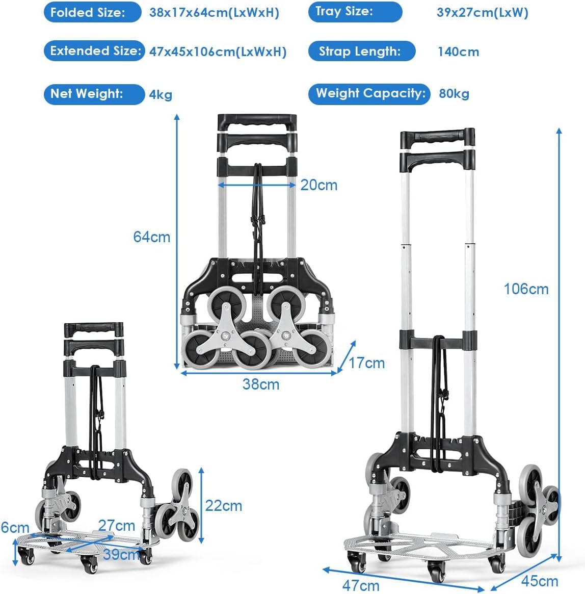 Chariot d'escalier – Diable robuste d'une capacité de 117,9 kg, chariot pliable avec poignée télescopique, 10 roues et 2 cordes élastiques pour la maison, le shopping et les déménagements