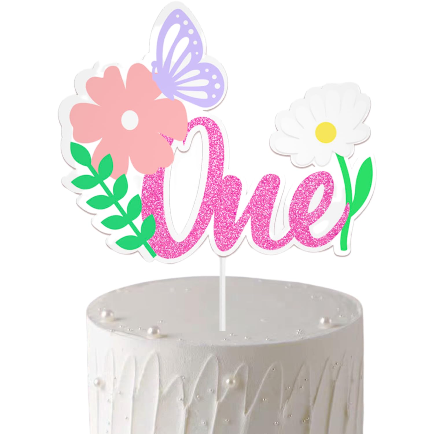 1st Birthday Cake Topper for Girls - Floral Butterfly Design with Leaves - One Cake Topper for First Birthday Party-Wildflower Birthday Party Supplies