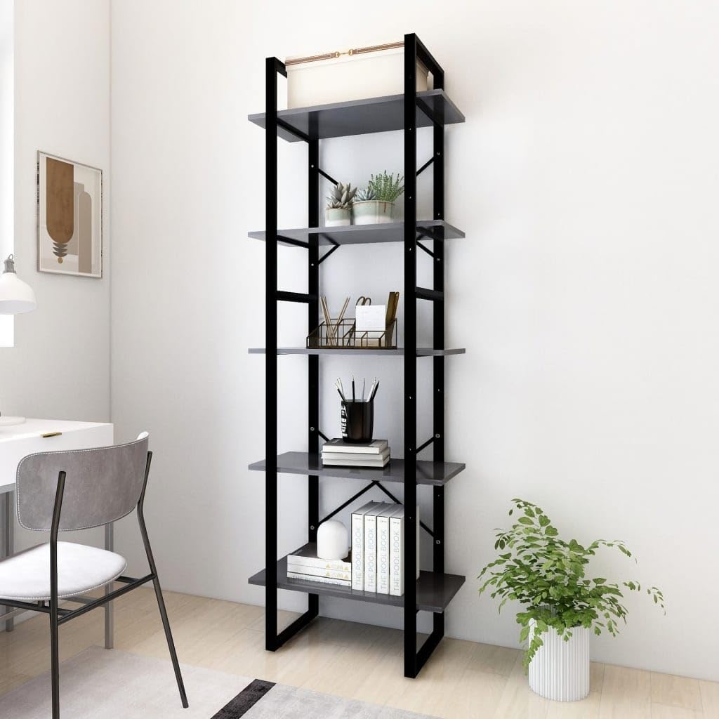 Estantería gris con 5 compartimentos, 60 x 30 x 175 cm, madera y marco de metal, juego de 2 estantes, diseño alto y bajo, espacio de almacenamiento versátil para salón, oficina y dormitorio