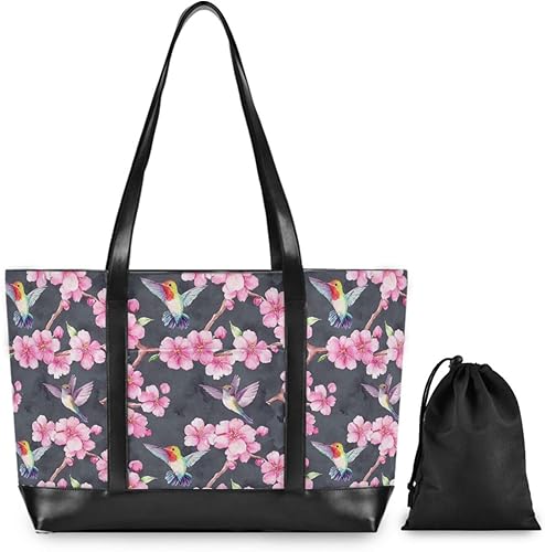 Flowers Hummingbirds Large Capacity Computer Bags for Laptops with Zipper Tote Bag for Travel Essentials Beach Gifts Birthday Gifts for Women with