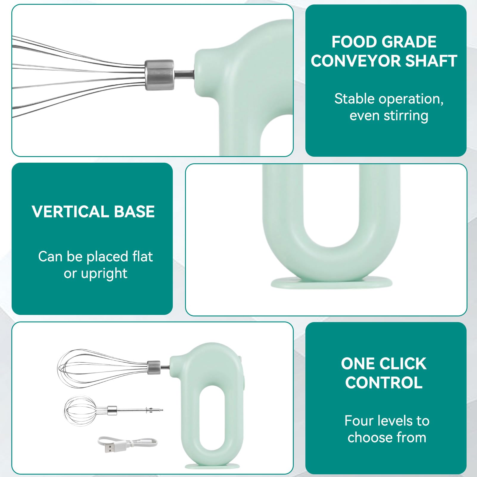 Frullatore manuale ricaricabile senza fili, mini 4 velocità, regolabile, USB, ricaricabile, per whisk a mano, portatile, 1500 mAh, con 2 martelli per uova (verde)