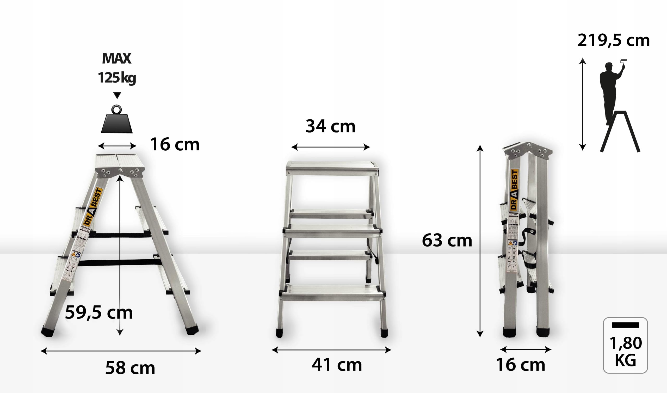 Aluminium Trittleiter beidseitig begehbar 2x3 Stufen – Klappleiter Haushaltsleiter mit 125 kg Tragkraft, rutschfeste Stehleiter