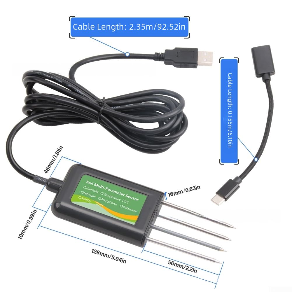 Analyseur de sol USB de mesure NPK, pH, humidité, température, salinité et conductivité, sonde en acier inoxydable IP68, surveillance des données pour application mobile
