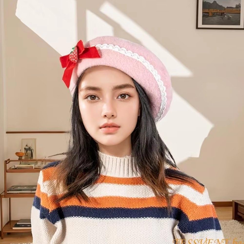 Cute Strawberry Bow Berets Hat Woolen Beret Hat Wool Cap  display picture 1