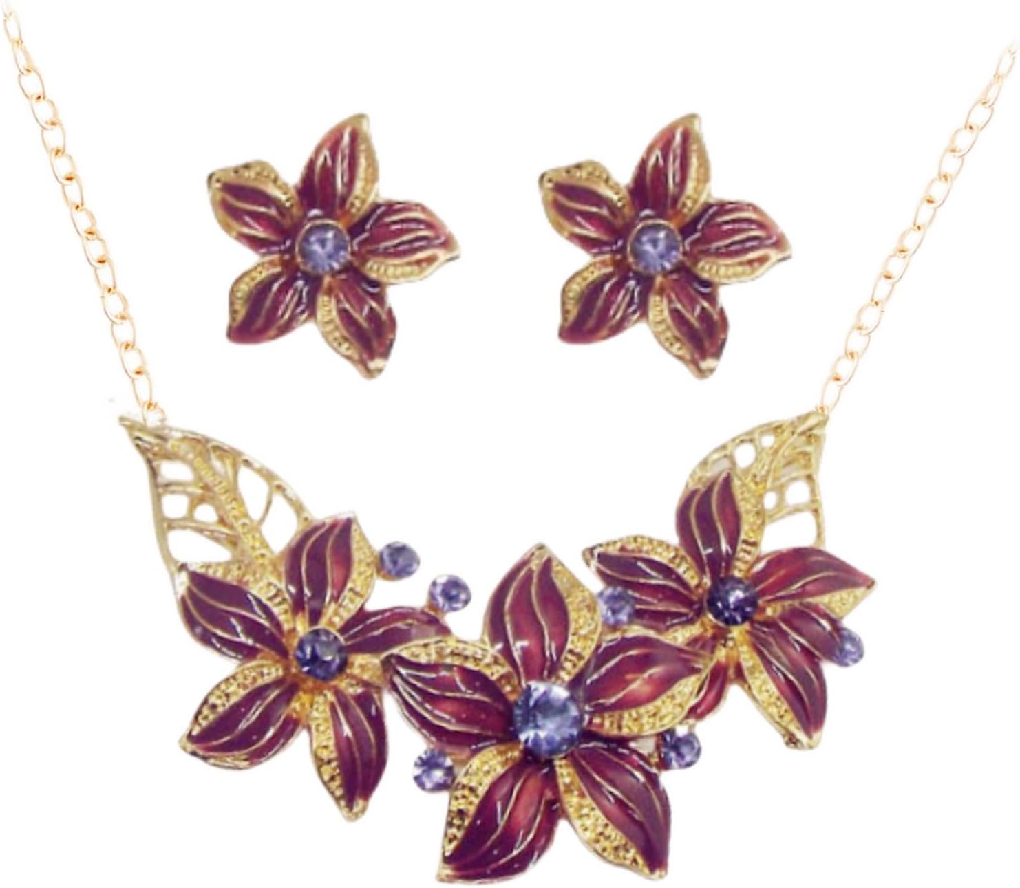 Fashion Women Crystal Flower Statement Gold Plated Necklace Earrings Jewelry Set