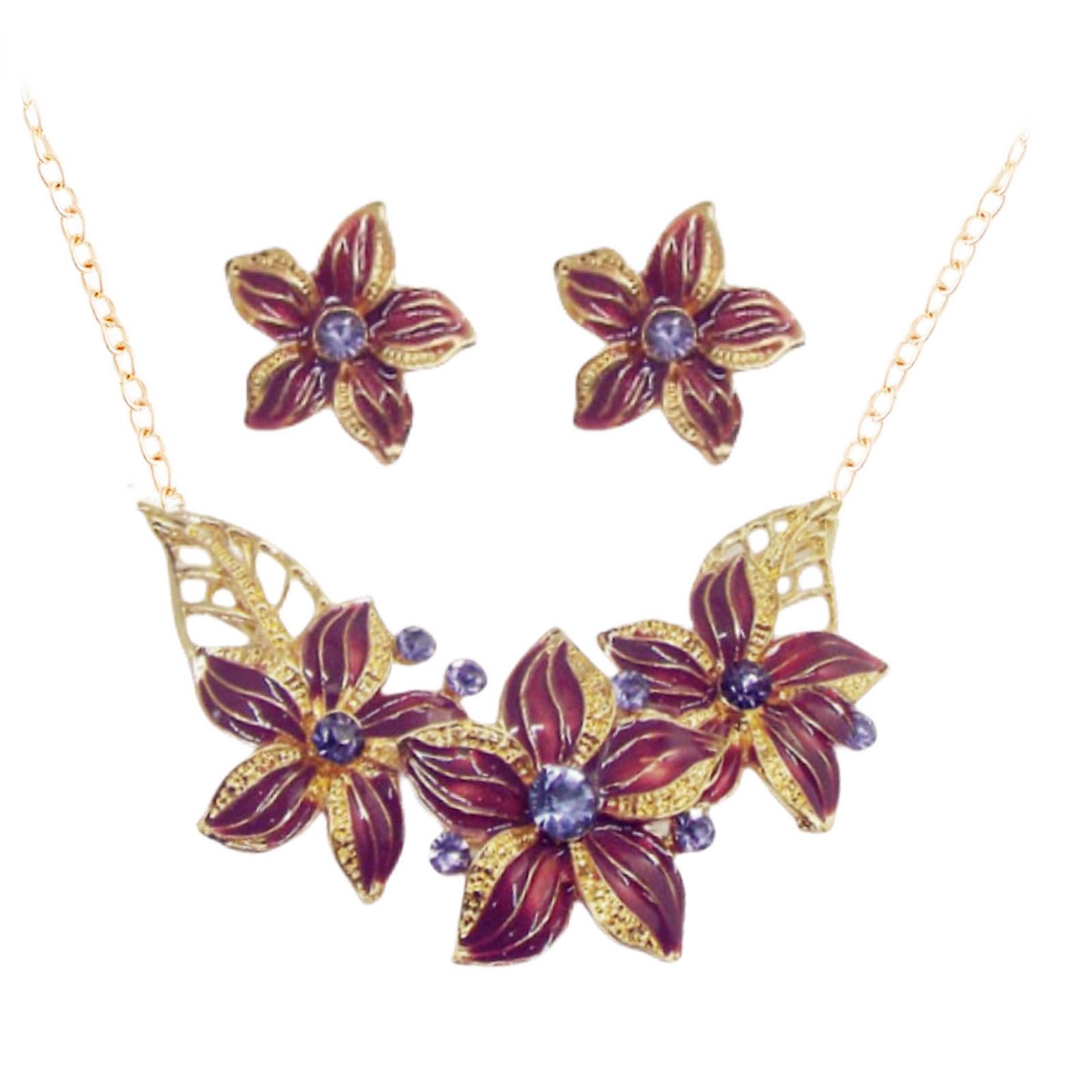 Fashion Women Crystal Flower Statement Gold Plated Necklace Earrings Jewelry Set