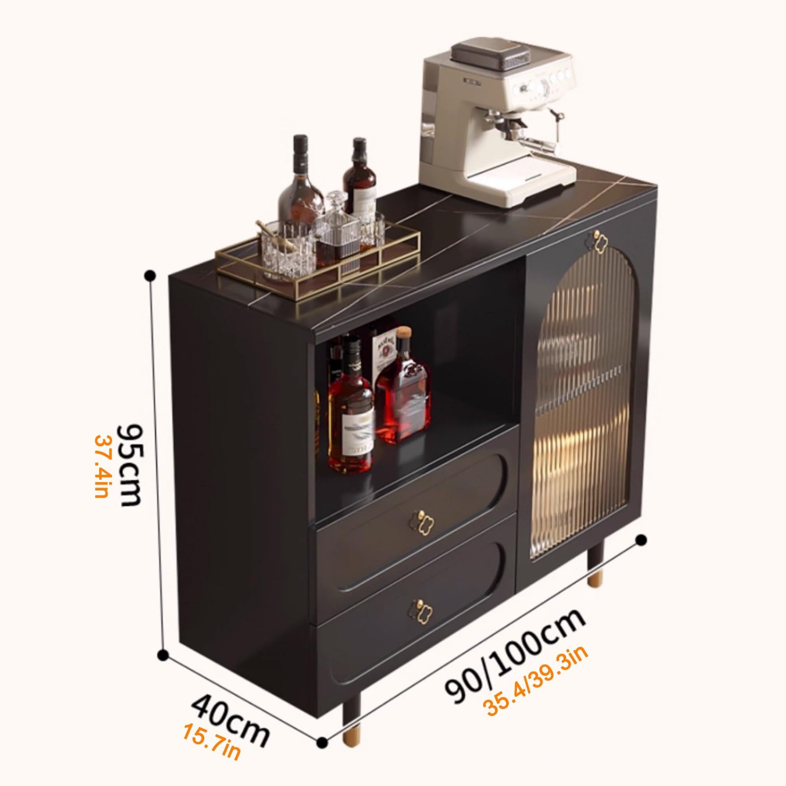Buffet avec Rangements, Meuble de Rangement de Style Campagnard, Armoire avec Porte Cintrée À Rayures, pour Console de Salon Ou Buffet de Cuisine(Nero,39.3x15.7x37.4in)