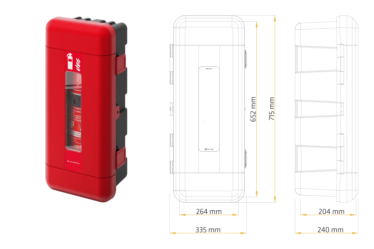DAKEN Caja para extintor 6/9kg REGON 82130 Armario Porta extintor Grande para camión Remolque y Furgoneta Color Rojo Dimensiones 715 x 335 x 240 mm con Ventana de inspección