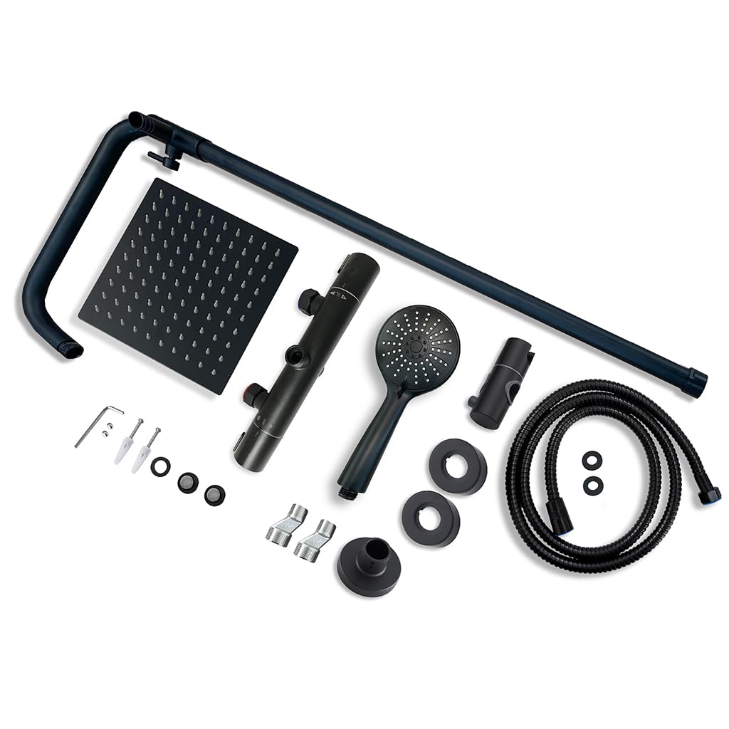 AICA Colonna Doccia con Miscelatore Termostatico, Rubinetto Doccia Soffione Doccia Quadrato in Acciaio Inox 20x20cm, Doccetta Tonda da 108mm, Altezza Regolabile 735-1170mm, Set Doccia Completo Nero