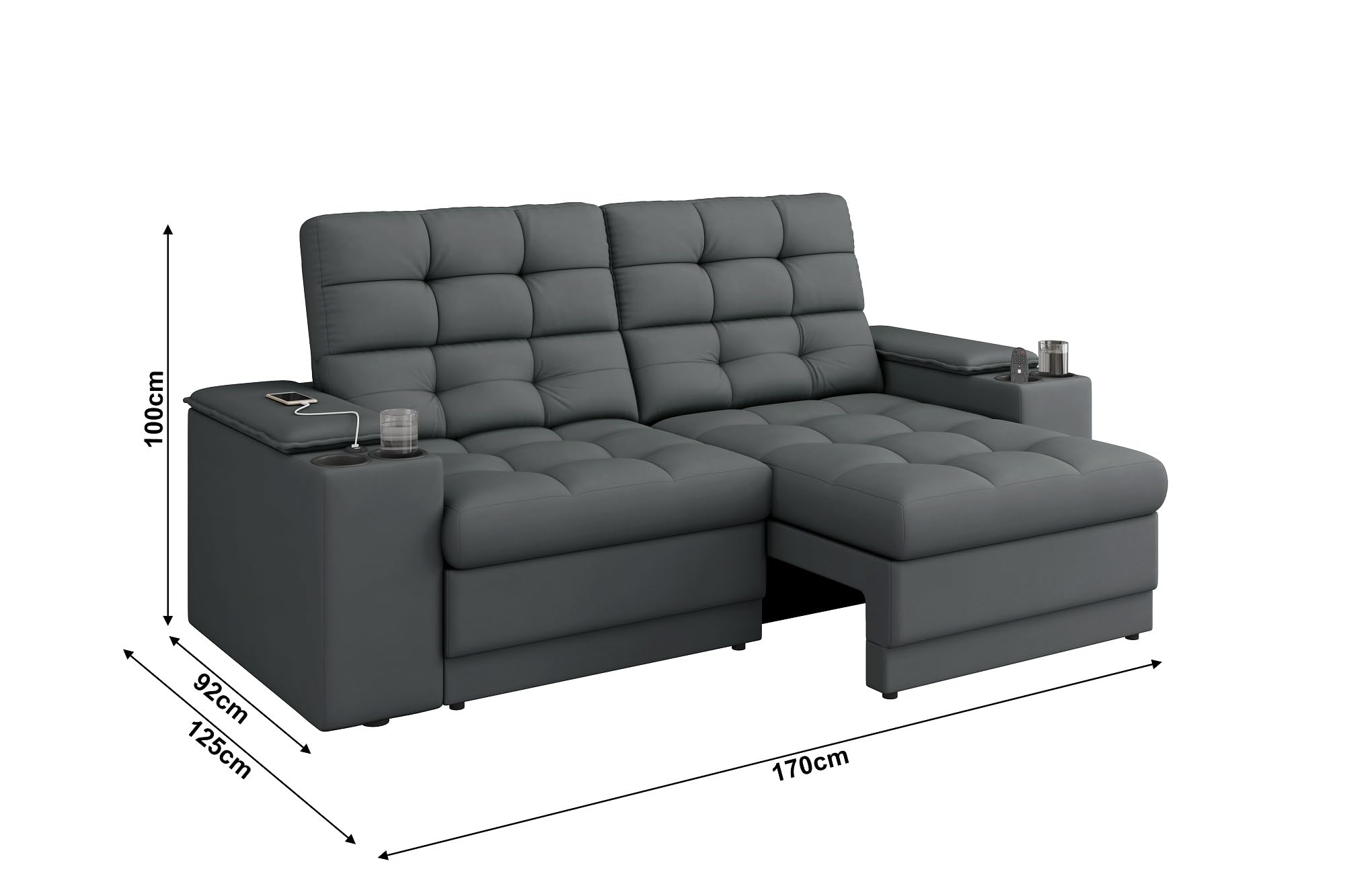 Sofá Confort Premium 1,70m Assento Retrátil/Reclinável porta copos