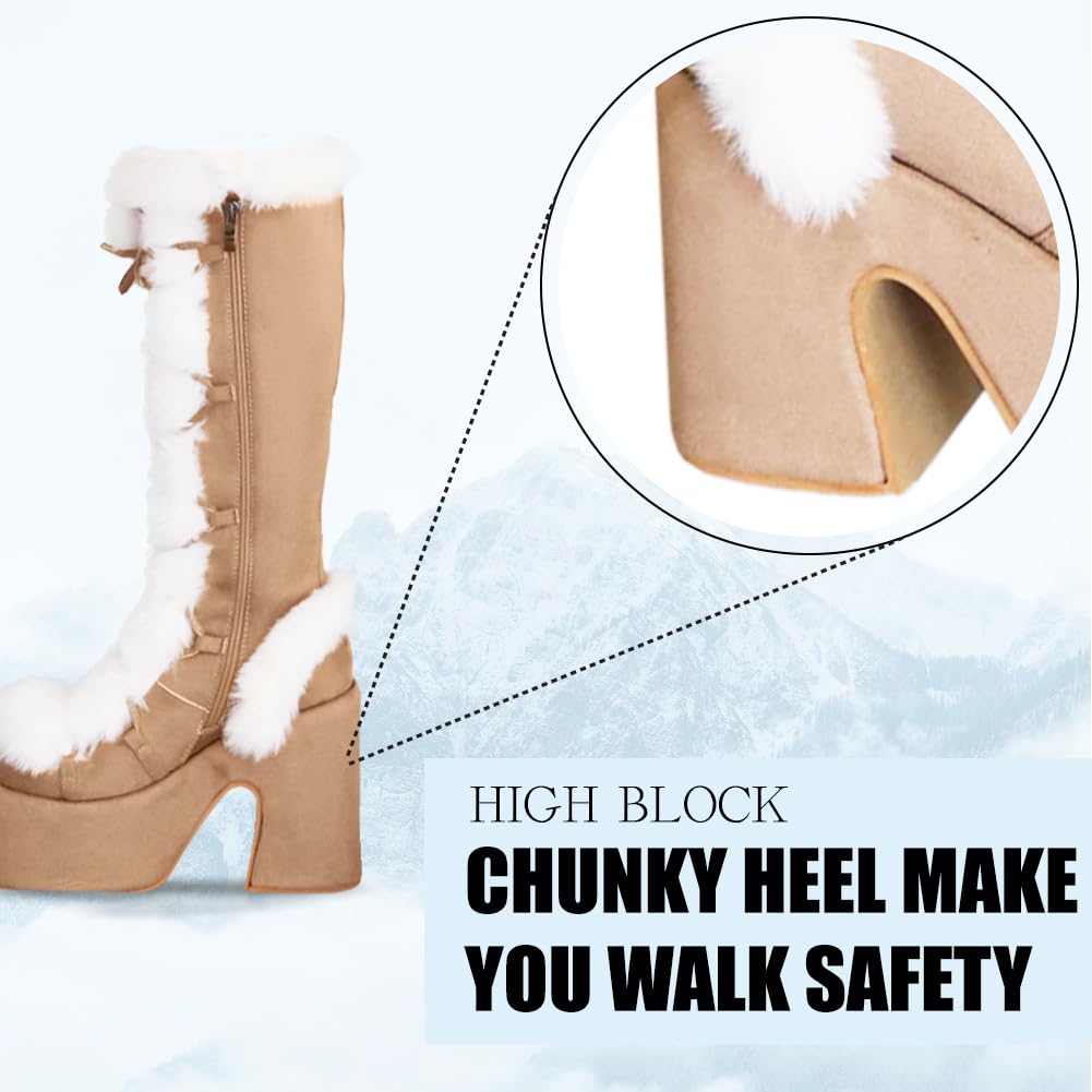 CELNEPHO Knee High Boots For Womens Side Zipper Warm Faux Fur Platform Chunky Heel Punk Goth Walking Winter Snow Boots: 5.5 A-apricot