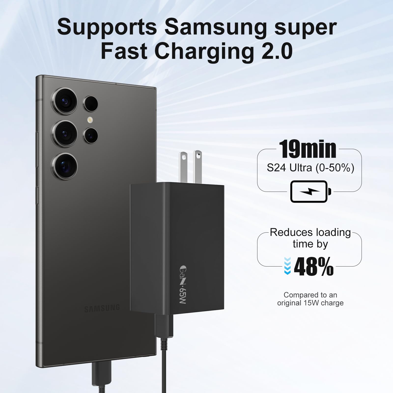 GaN - Caricatore da parete a 3 porte da 65 W, per Samsung Galaxy S25 Ultra/S25/S25+/S24 Ultra/S24/S24+/S23 Ultra/S23/S23+/S22/S22 Ultra/S22+/Z Fold 3/laptop