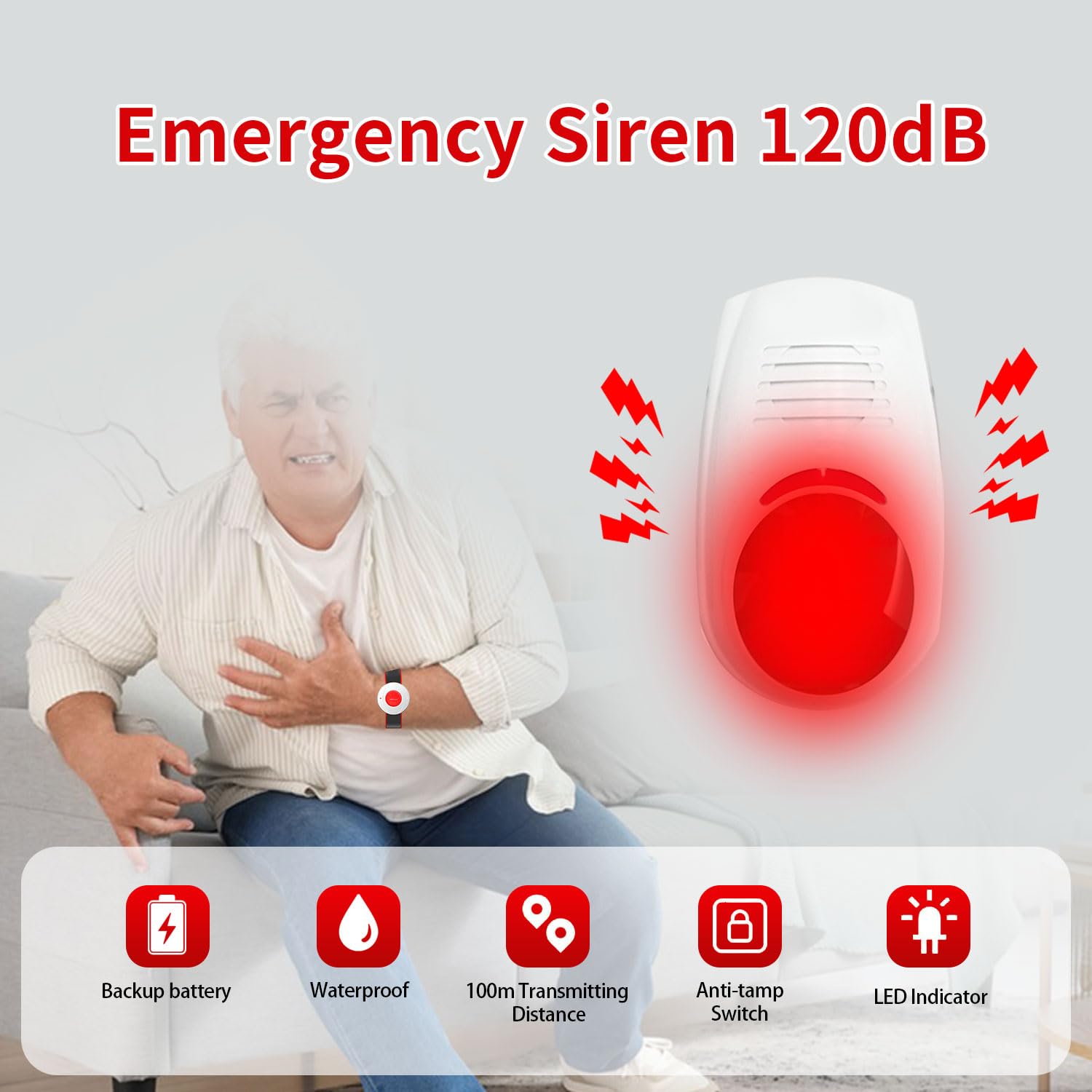 Wolf Guard W03-JA03 drahtlose Strobe blinkende Sirene Alarm-Kit wasserdicht Outdoor-Panik-Warnsystem für Business Home Shop Hotel Schule, SOS Notfall-Tasten, Remote-Tasten (Siren with SOS panics)
