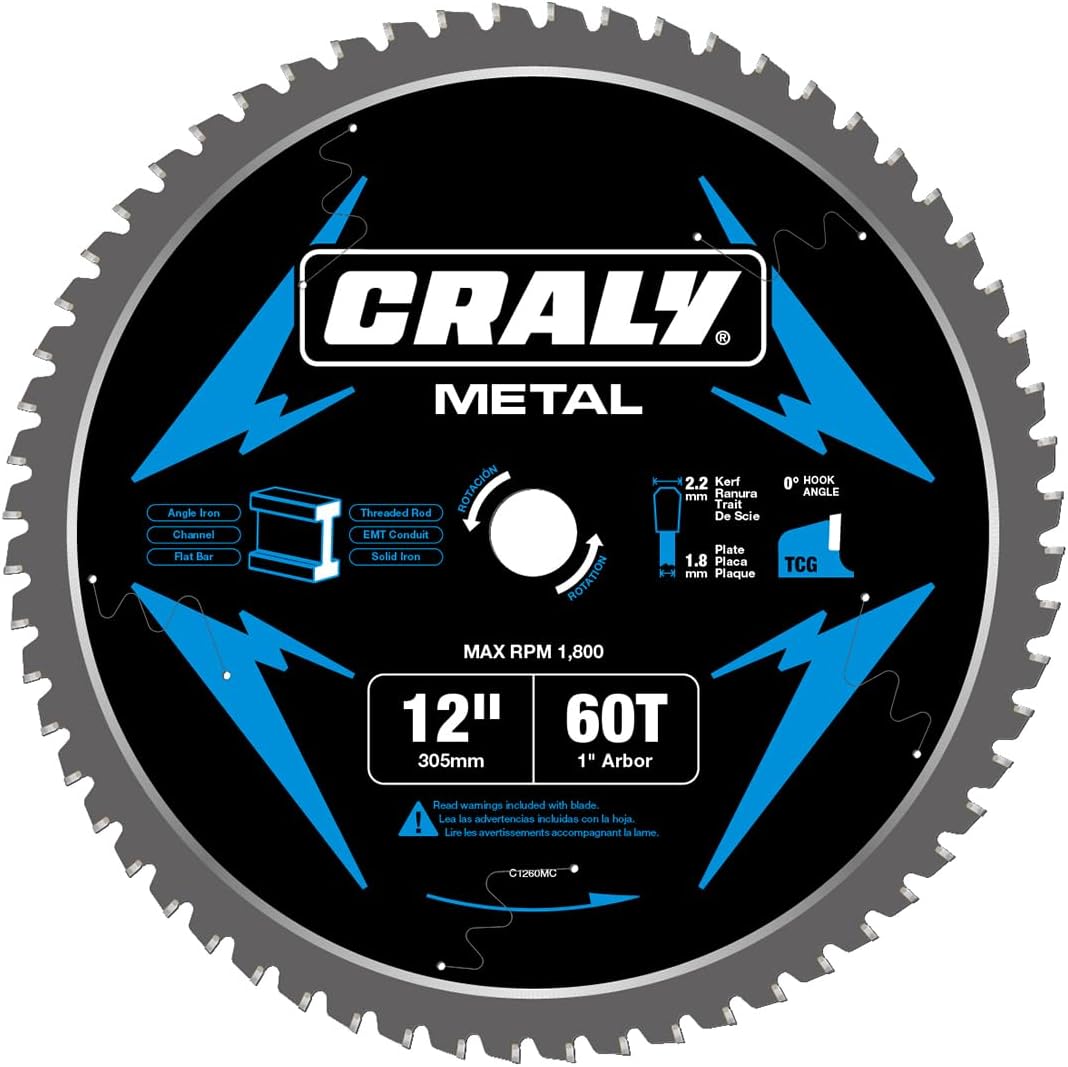 CRALY 12 Inch 60 Teeth Steel and Ferrous Metal Cutting Circular Saw Blade, 1 Inch Arbor, Thin Kerf, Professional Carbide Tipped Blade for Angle Iron, Threaded Rod, EMT Conduit(C1260MC)