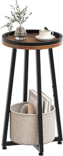 HOOBRO Small Round Side Table, 2-Tier Round Sofa End Table, Compact Nightstand with Fabric Storage Basket, for Small Space, Living Room, Bedroom, Dorm, Rustic Brown and Beige BF183BZ01
