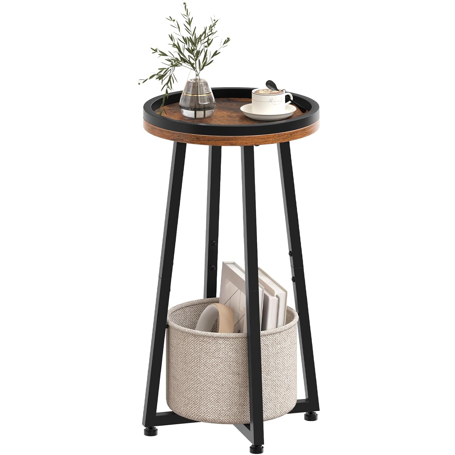 HOOBRO Small Round Side Table 2-Tier Round Sofa End Table Compact Nightstand with Fabric Storage Basket for Small