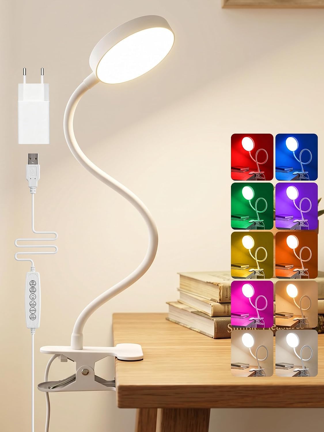 Leselampe Bett, 10 RGB +10 Helligkeit Klemmlampe, 72 LED Schreibtischlampe | 500 Lumen Leselampe Bett USB Adapter Leselicht Kinder, Klemmleuchte für /Nachttischlampe/Schminklampe/Nachtlampe/Schlafzimmer