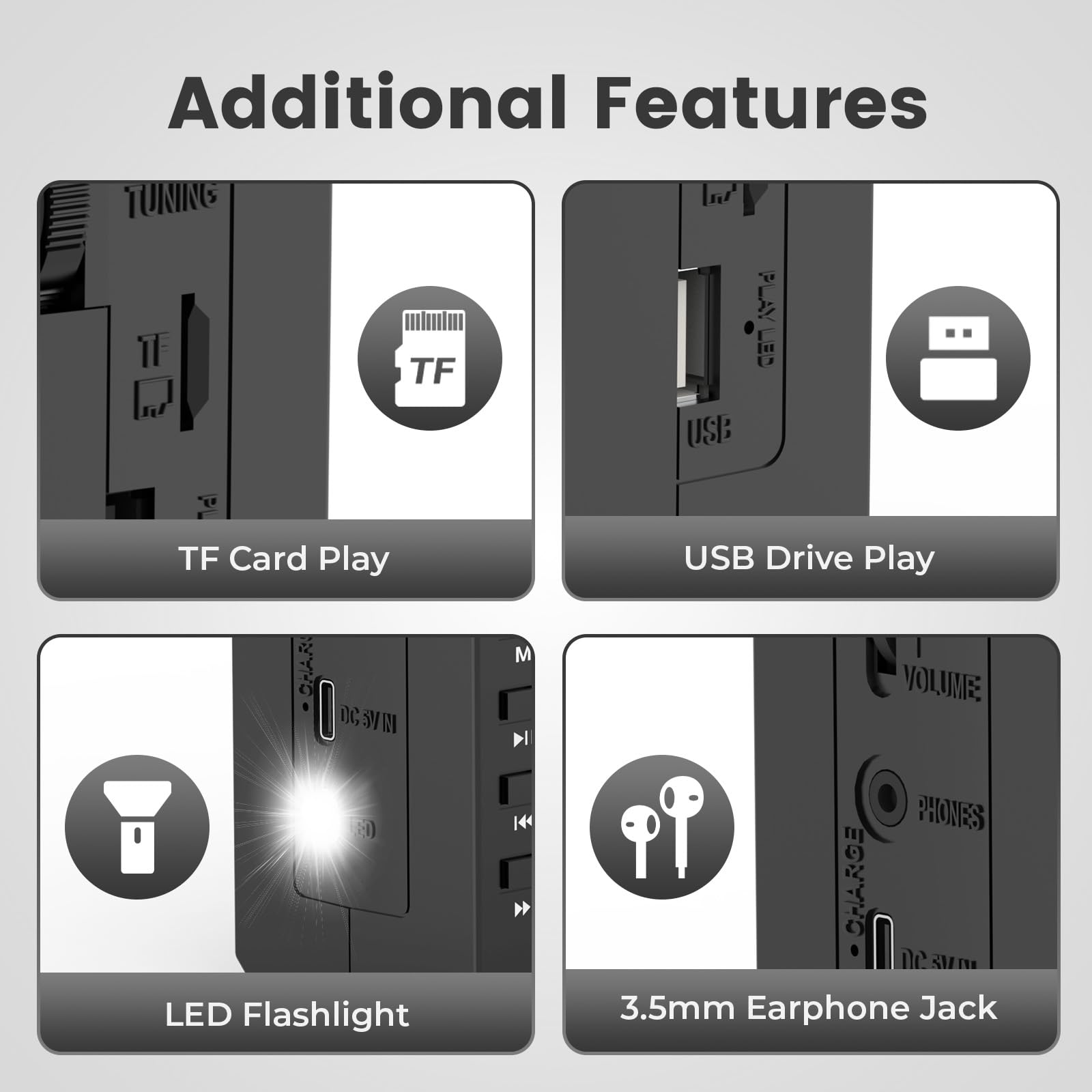 Magnétophone Portable, PRUNUS J-360 AM/SW/FM Radio Cassette Player avec Panneau Solaire Rechargeable, Lecteur Cassette avec Bluetooth, Support de Lampe LED/Carte TF