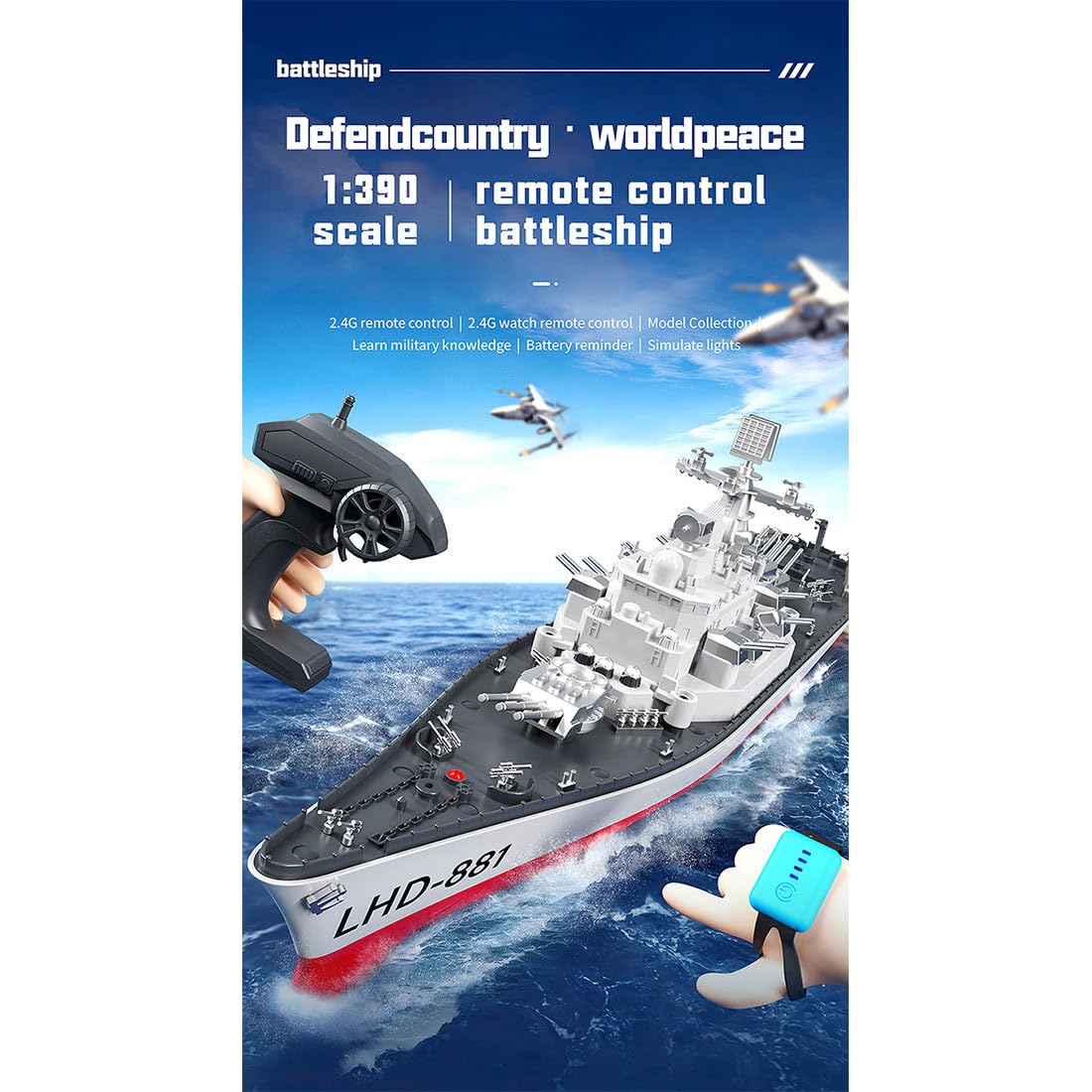 YUTT Bateaux RC pour adultes, LHD-881 1/390 2.4G RC électrique haute fréquence modèle de cuirassé à double moteur