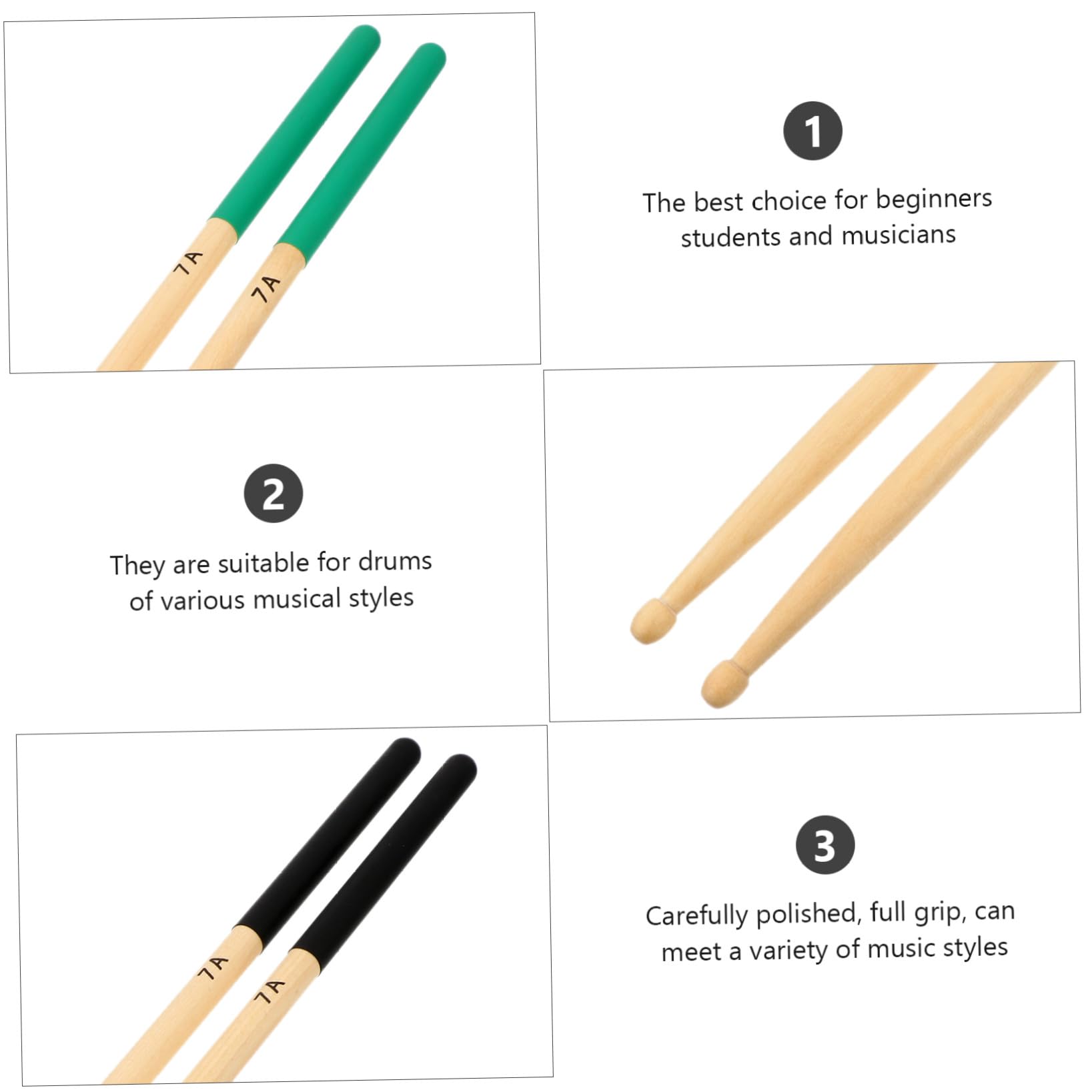 STOBAZA Baquetas Agarre Cómodo Superficie Antideslizante de Percusión de Arce 7a y 6 Pares para Práctica Diaria y Conciertos, Ideales para Estudiantes y Niños