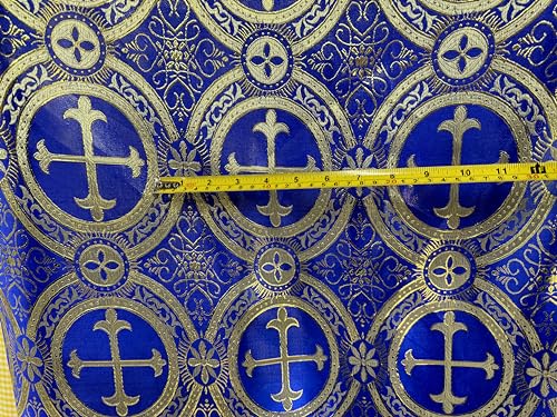 Ad Fabric, Liturgical Brocade,Church Gorgeous Cross, Royal Blue/Gold, Liturgical Metallic Brocade Fabric, Non-Stretch, Sold by The Yard Color, 60" Wide