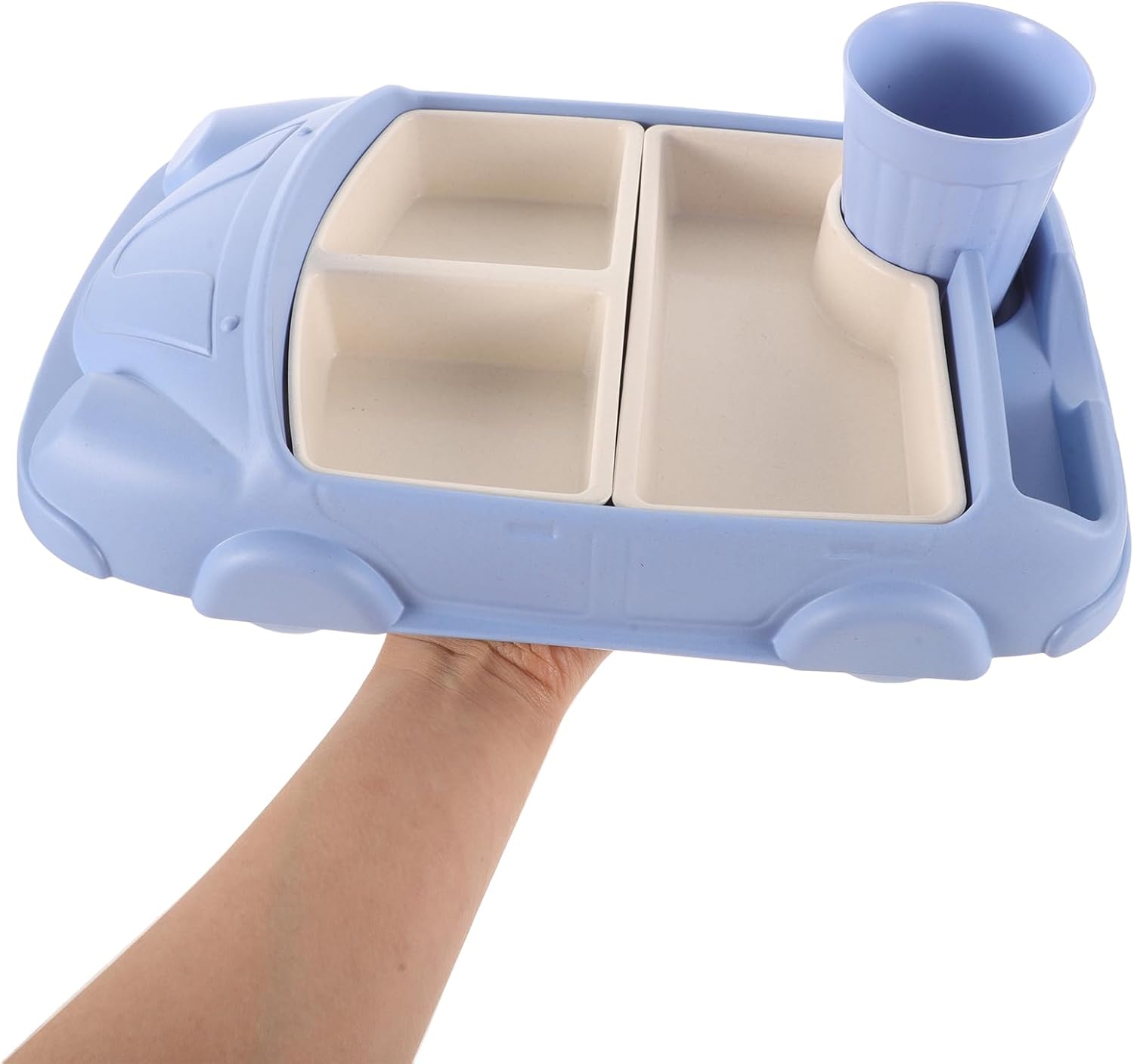 Toyvian Toddler Plate Divided Meal Tray, Car Shaped Plate Sections Dinner Dish with Cup Holder for Babies Kids Eating Food Grade Bamboo Fiber Platter for Child Blue