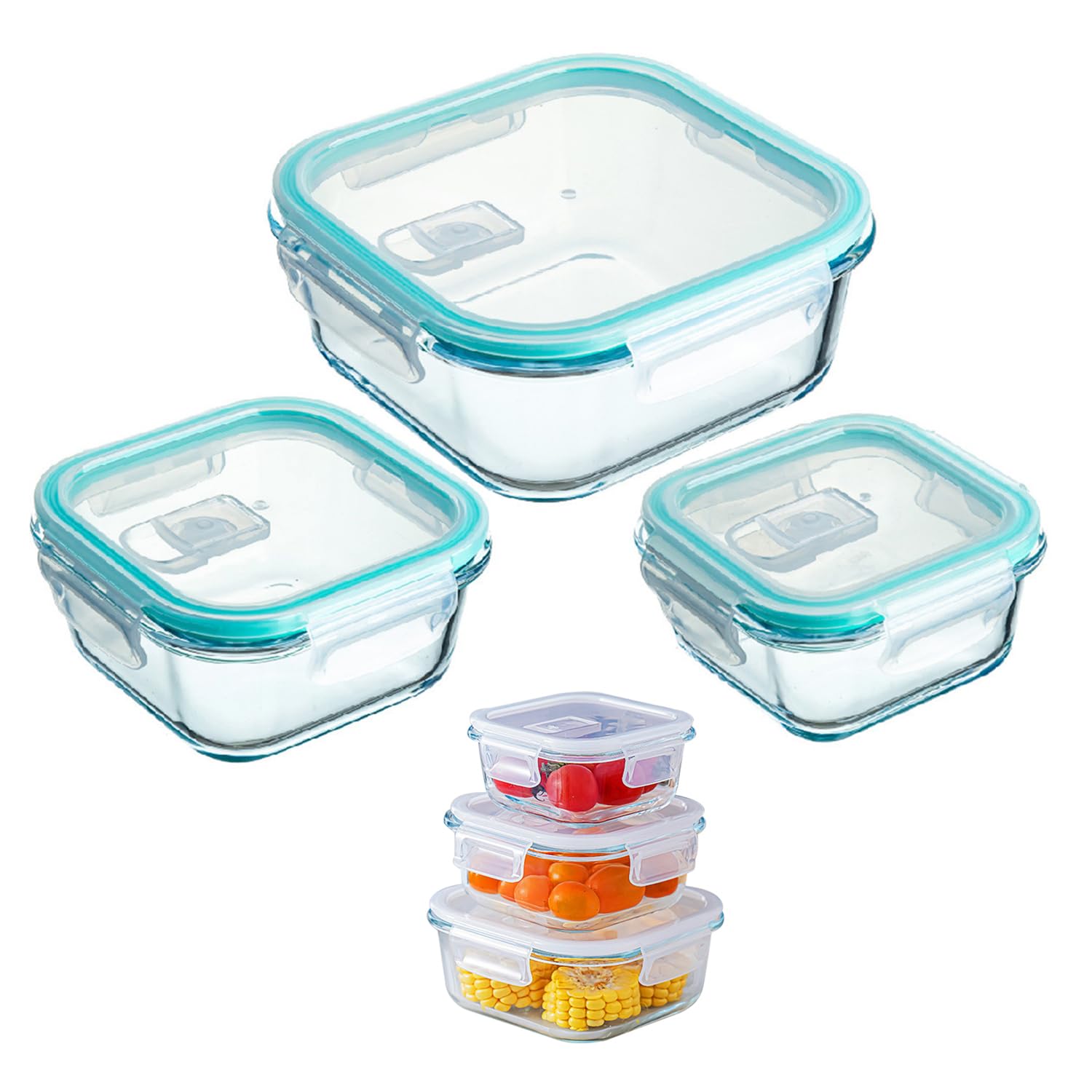 Tycom Glass Meal Prep Containers (3 pcs Square) - Glass Food Storage Containers with Lids, Glass Lunch Box, Portion Control, Airtight, Glass Bento Box Lunch Containers- 3P Square Blue