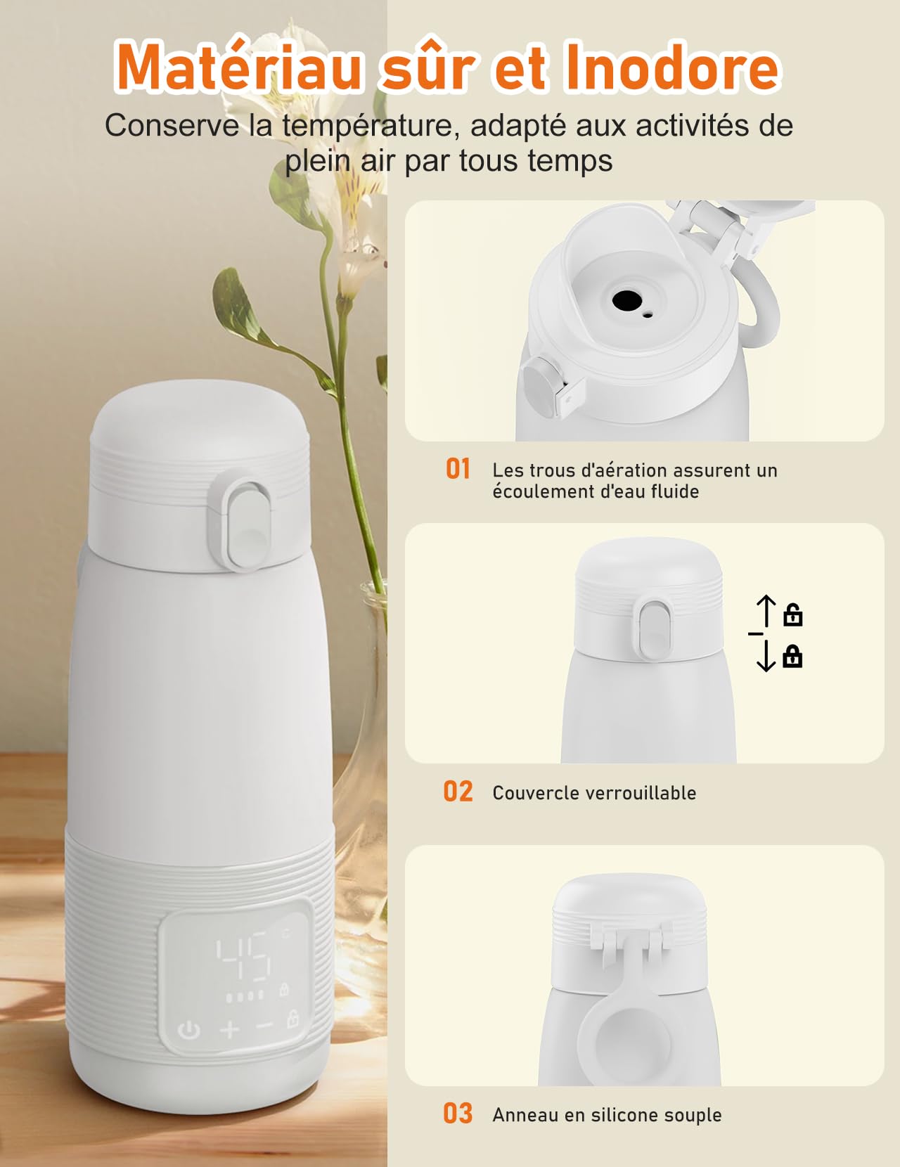 Chauffe-biberon Portable, 500ml Chauffe-biberon Bébé en Déplacement | Contrôle Précis de la Température 37 à 55 Degrés Réglable pour le Voyage Alimentation de Nuit