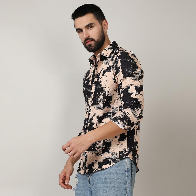 Image of CAHOOT Men's Self-Design Striped Shirt for Casual Wear | Spread Collar | Long Sleeve | Button Closure | Shirt Crafted with Comfort Fit for Everyday Wear