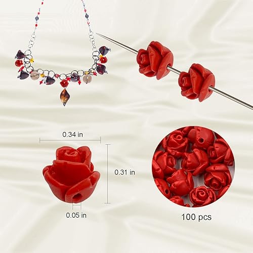 Miniatura 3 de Cuentas de rosas talladas de cinabrio, 100 cuentas de cinabrio de color rojo de 516 pulgadas (0.315 in), cuentas sueltas para hacer joyas, collares,