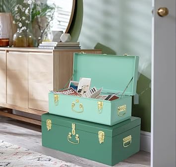 صندوق تخزين صندوق معدني كبير مزخرف مجموعة من 2 منظم Dorm College مع Hasps Hardware و Handle for Home Deocr ، 23.7X14.2X9.5 بوصة