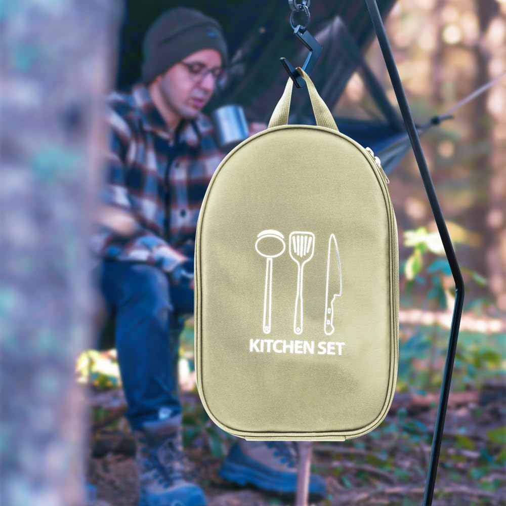 Casbomy Camp Kitchen Organizer, High-Capacity Camping Cooking Utensils Bag, Multi-Pocket Waterproof Portable Storage for Camp Kitchen Kit, Camping,BBQ (Grey)