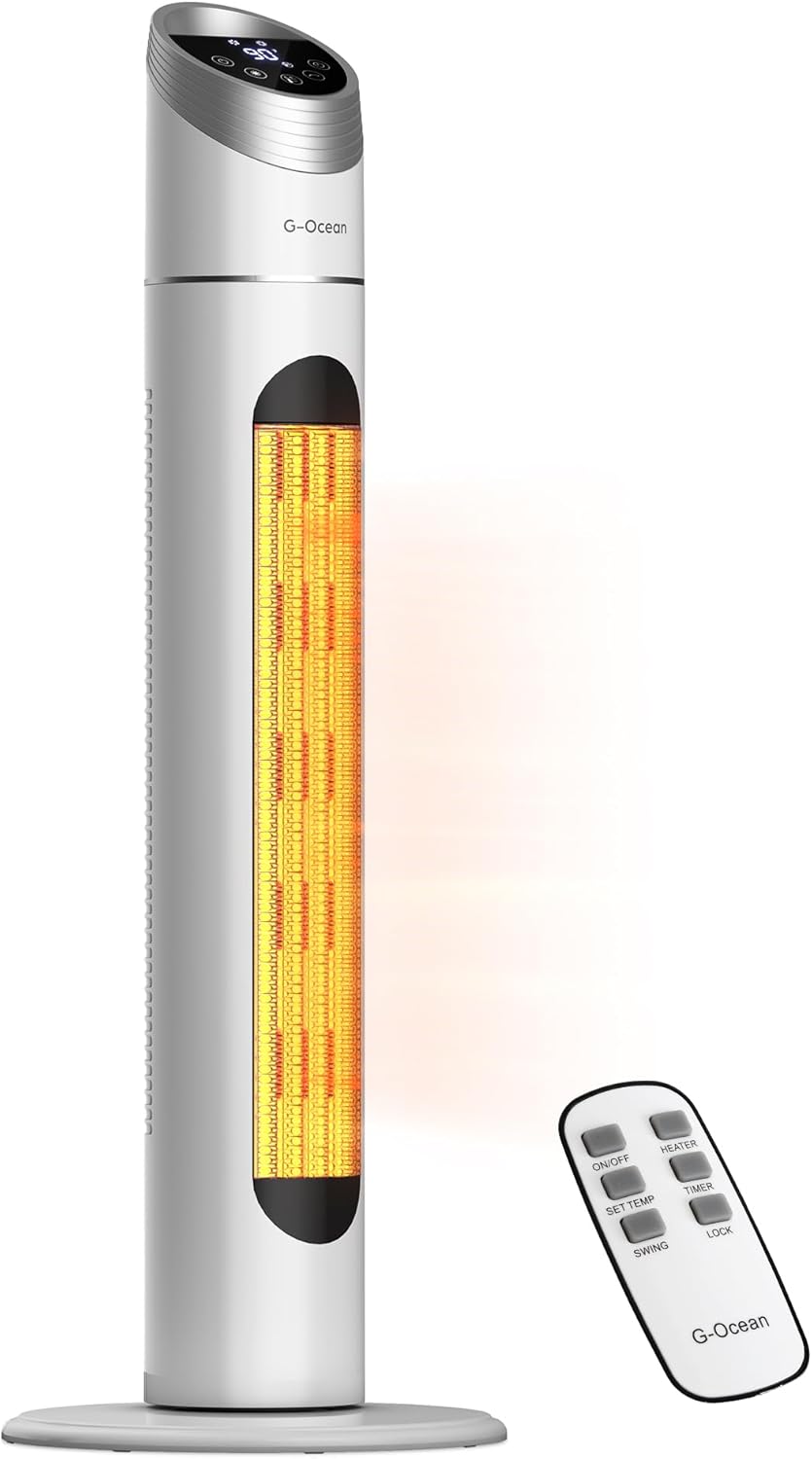 Space Heater for Indoor Use, 34" Space Heater for Large Room, 1500W Tower Heater with Remote, Adjustable Thermostat, 12H Timer, 70° Oscillation, Overheat & Tip-Over Protection, White