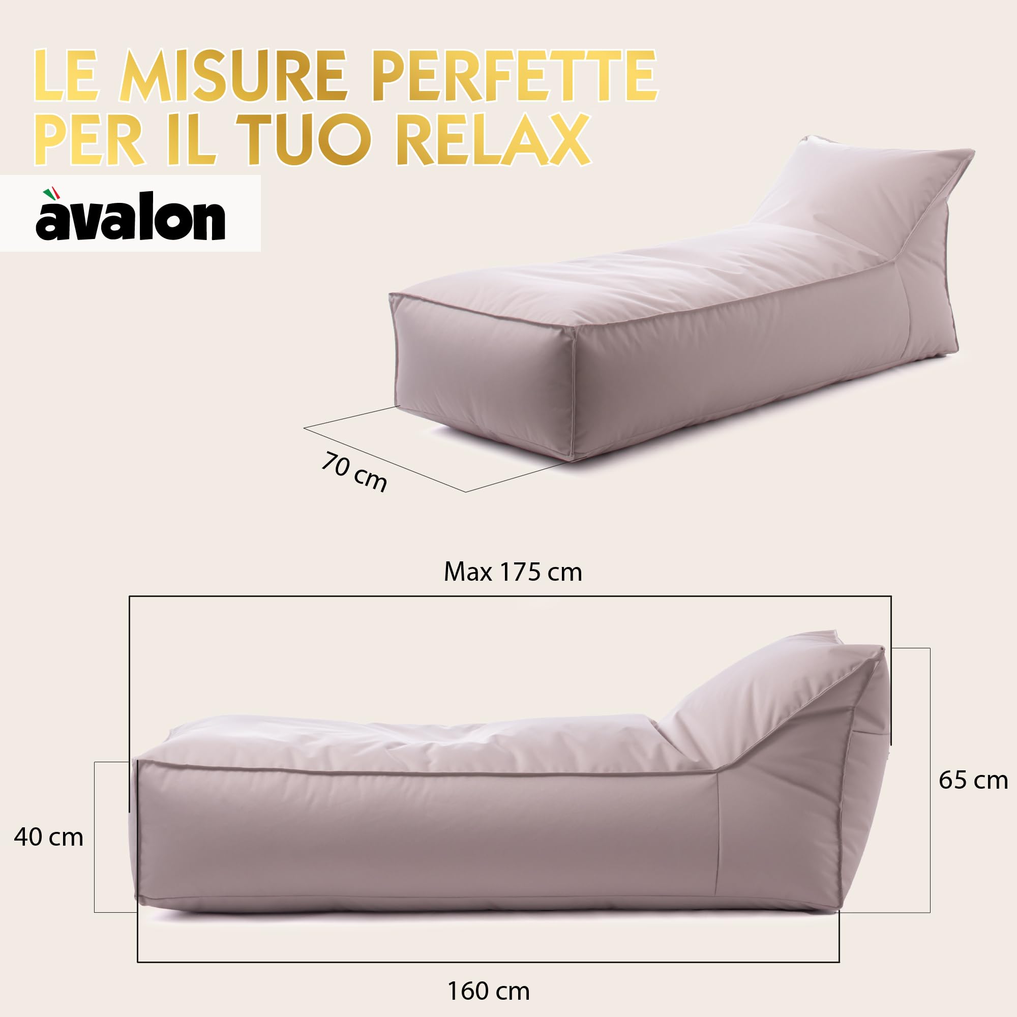Avalon Pouf Chaise Longue da Esterno Impermeabile 70x160cm Grigio