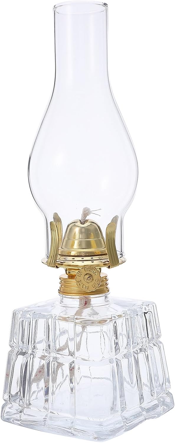 Vintage Glass Kerosene Oil Lamp, Square Windproof Hurricane Lantern with Fire Wick, Indoor Outdoor Decorative Lighting for Emergency and Tabletop Use