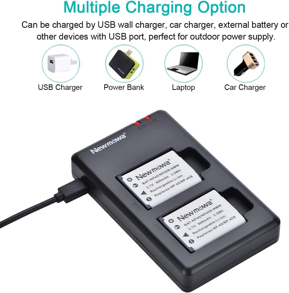 Newmowa NP-45 NP-45S Replacment Battery (2 Pack) and Dual USB Charger Kit for Fujifilm INSTAX Mini 90 and FinePix XP50 XP60 XP70 XP80 XP90 XP120 XP130 XP140 T350 T360 T400 T500 T510 T550 JX500 JX520