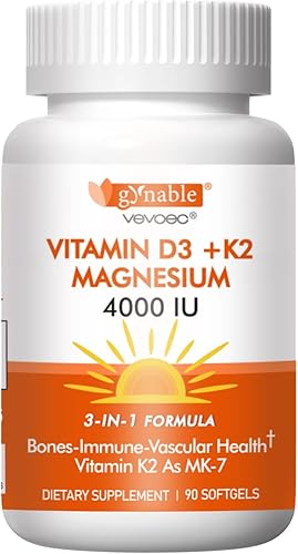 Vitamina D3 K2 4000IU con complejo de magnesio de 200 mg, huesos de apoyo de alta absorción, apoyo inmunológico, energía y emoción, sin gluten,