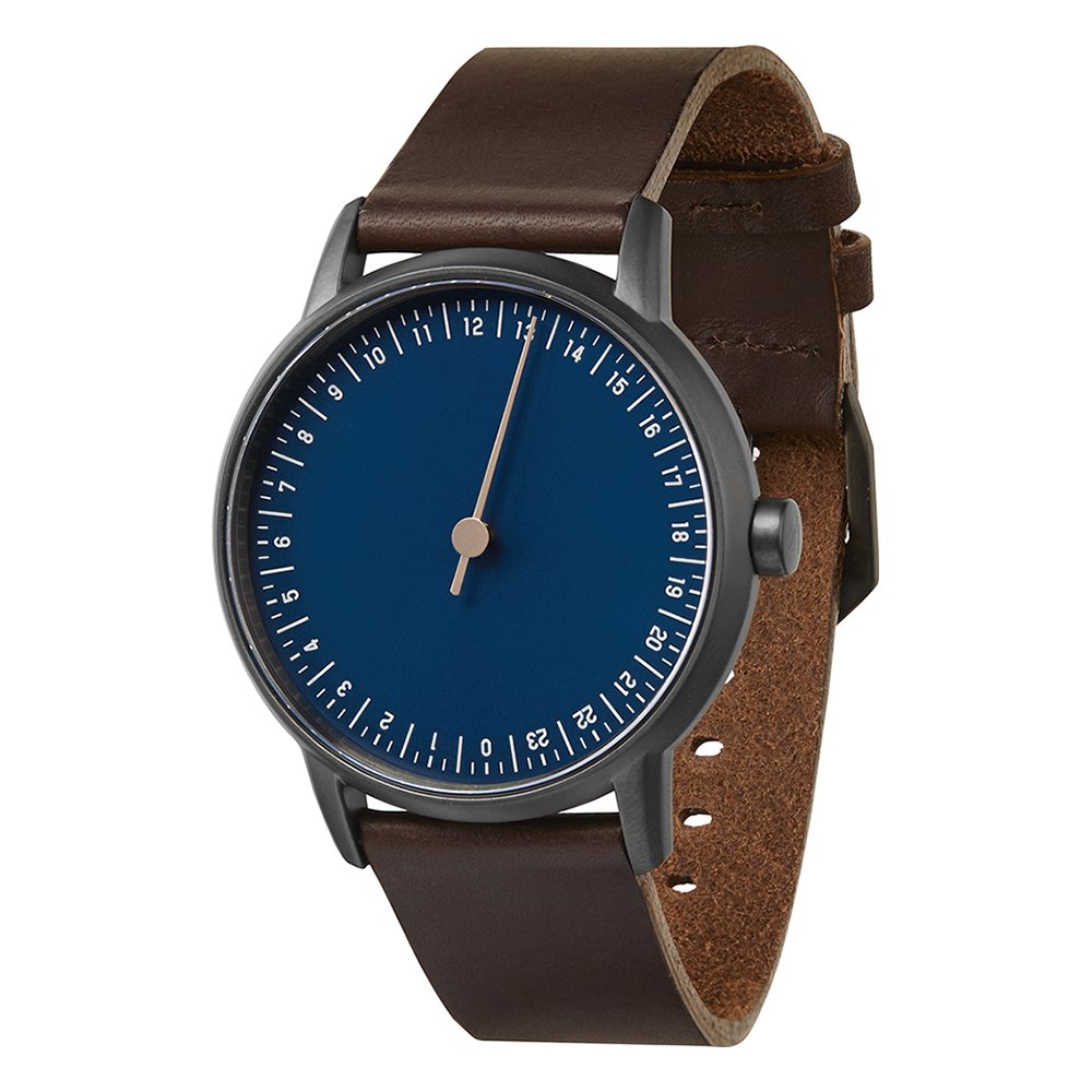 slow Round 03 Unisex Uhr, Analoges Quarzwerk, Dunkelbraunes Lederarmband, Anthrazit/Blau