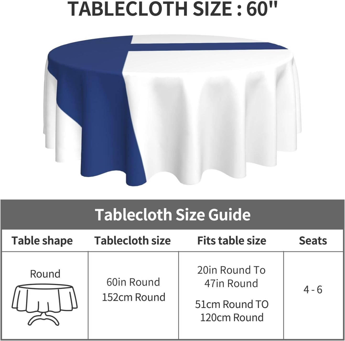 Finnish Flag Print Wrinkle Free Dining Table Cover for Birthday Party Farmhouse Tablecloths Up to 60 x 60 Inches
